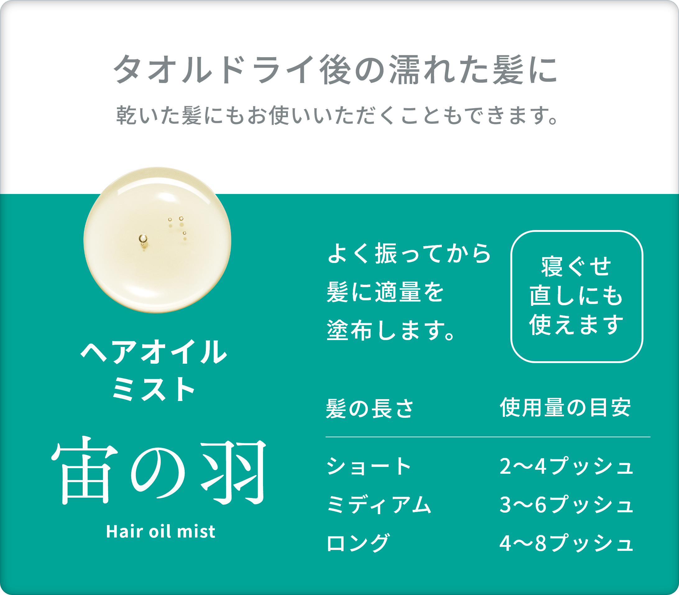 よく振ってから髪に適量を塗布します。